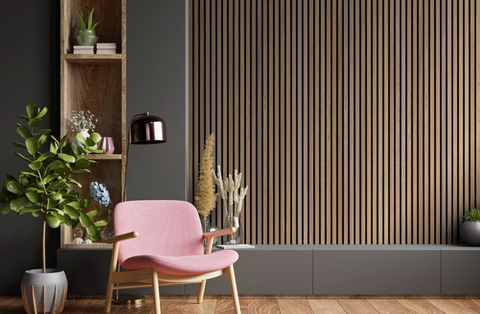 Slatted wood wall panels in a walnut finish interior design renovation in hallway 